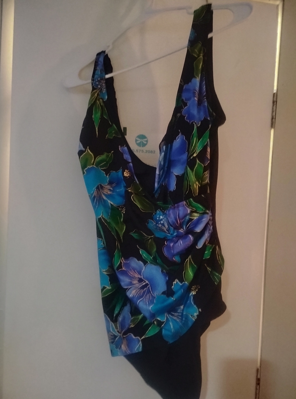 Black Swimsuit with Blue and Green Floral Accents